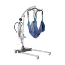 Gravis patient lift with a blue sling hanging on the six-point cradle