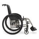Catalyst 5Ti titanium wheelchair from the side, showing its axle plate, wheel lock, spoke wheel and caster