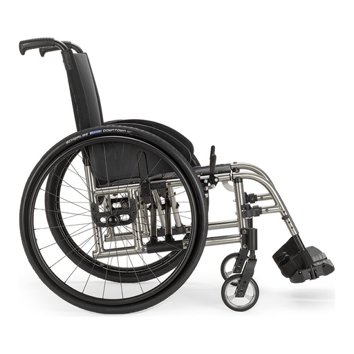 Catalyst 5Ti titanium wheelchair from the side, showing its axle plate, wheel lock, spoke wheel and caster