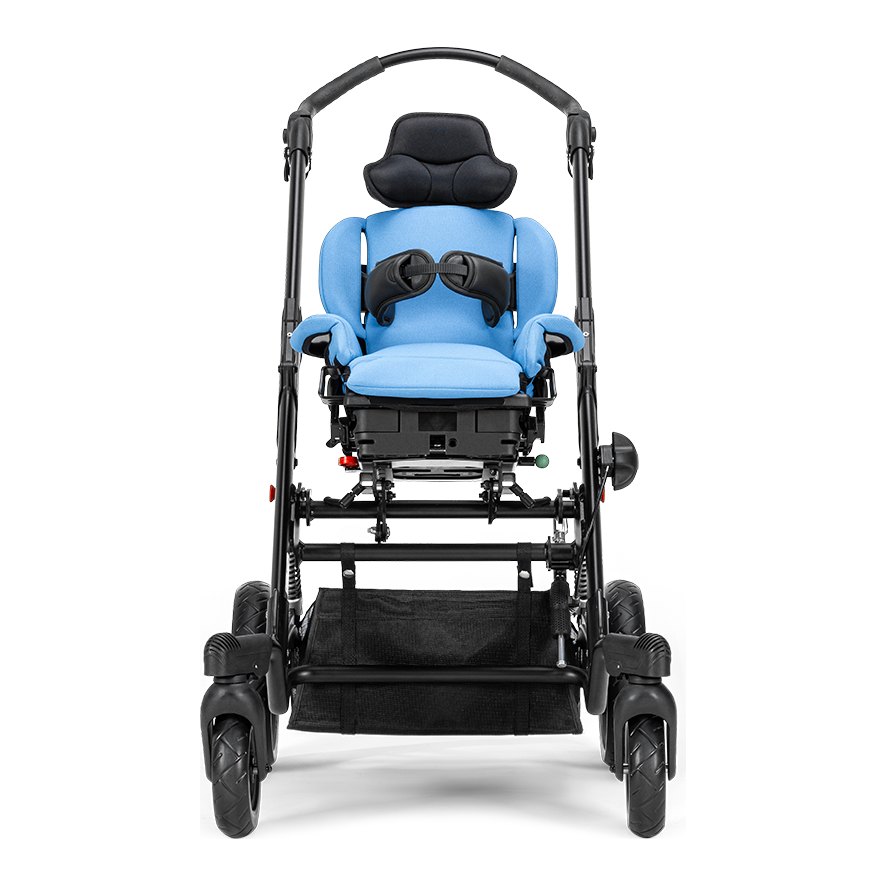 Tyke mobility base seen from the front, with the x:panda shape seating fitted