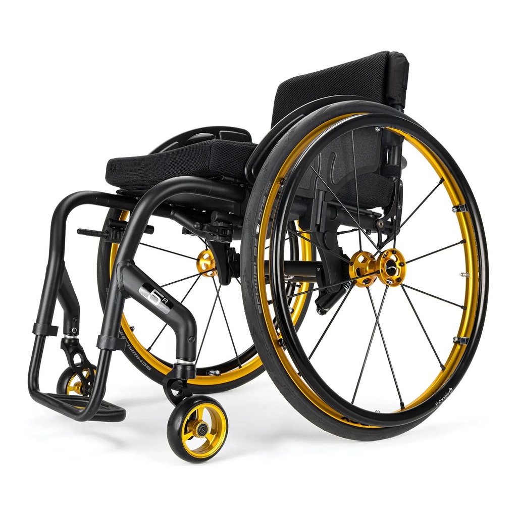 Quickie 5R rigid ultralight wheelchair with a matte black frame and gold anodized rims