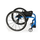 Quickie 5R rigid ultralight wheelchair in blue with the backrest folded down, seen from the rear