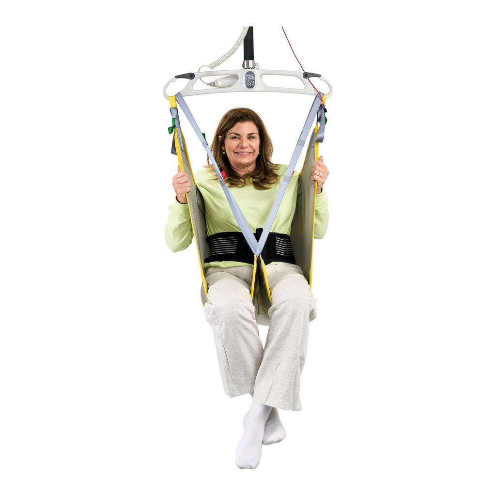 Front view of hygiene sling M921547, dark waist band and arms held outside the body