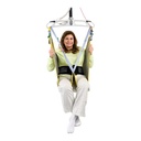 Front view of hygiene sling M921547, dark waist band and arms held outside the body