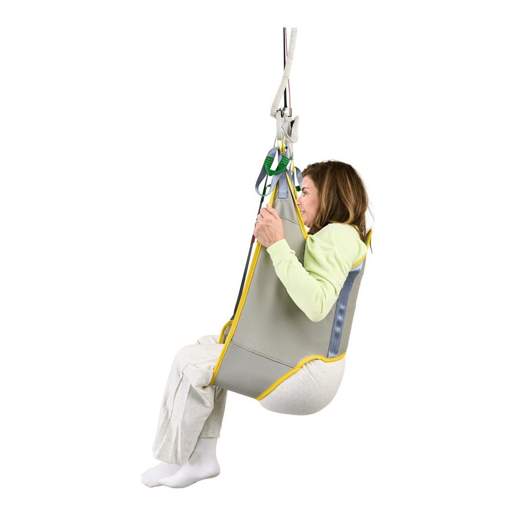 Side view of hygiene sling M921547, grey back panel with a yellow edge