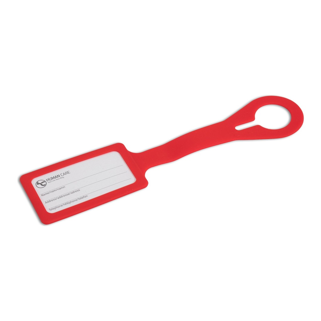 Human Care red tag back pocket with name and phone lines
