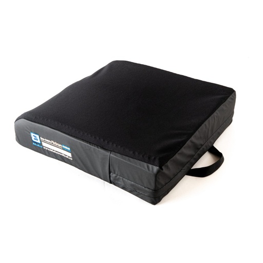 Black Platinum cushion cover with a side handle and a blue label on the band