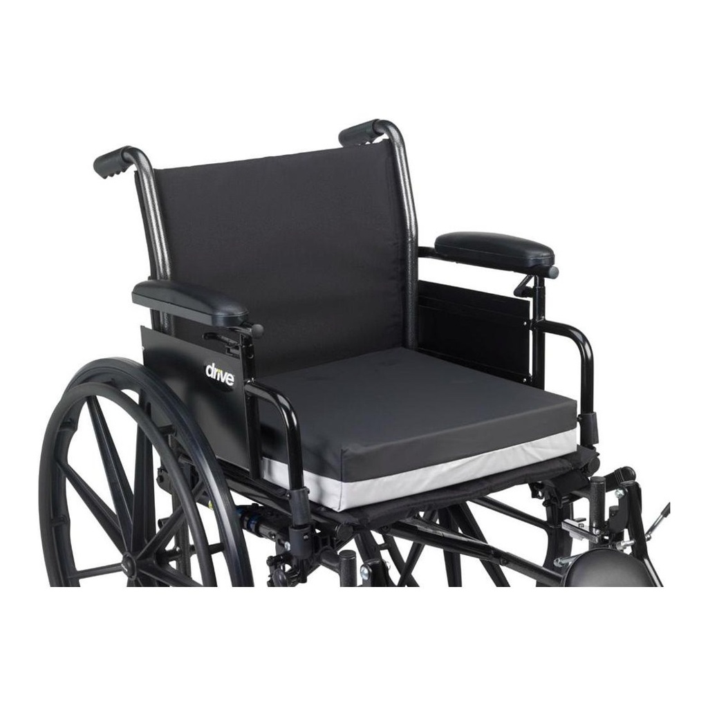The Premier One foam cushion fitted on a wheelchair seat, held by its tie straps