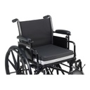 The Premier One foam cushion fitted on a wheelchair seat, held by its tie straps