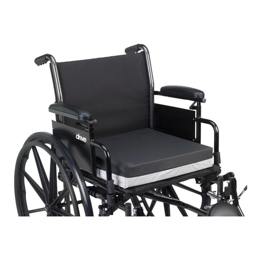 The Premier One foam cushion fitted on a wheelchair seat, held by its tie straps