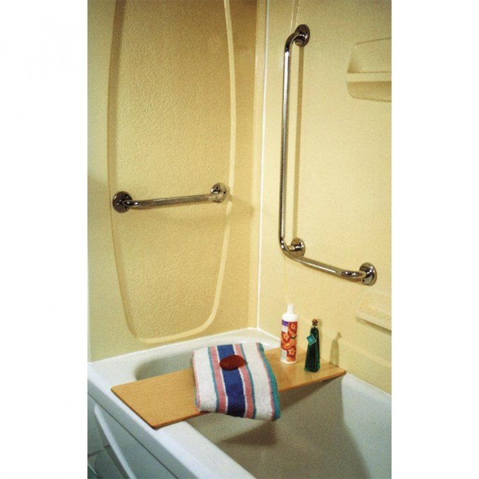 The chrome L-shaped grab bar fitted in a bathtub corner beside a wooden bath board