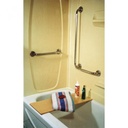 The chrome L-shaped grab bar fitted in a bathtub corner beside a wooden bath board