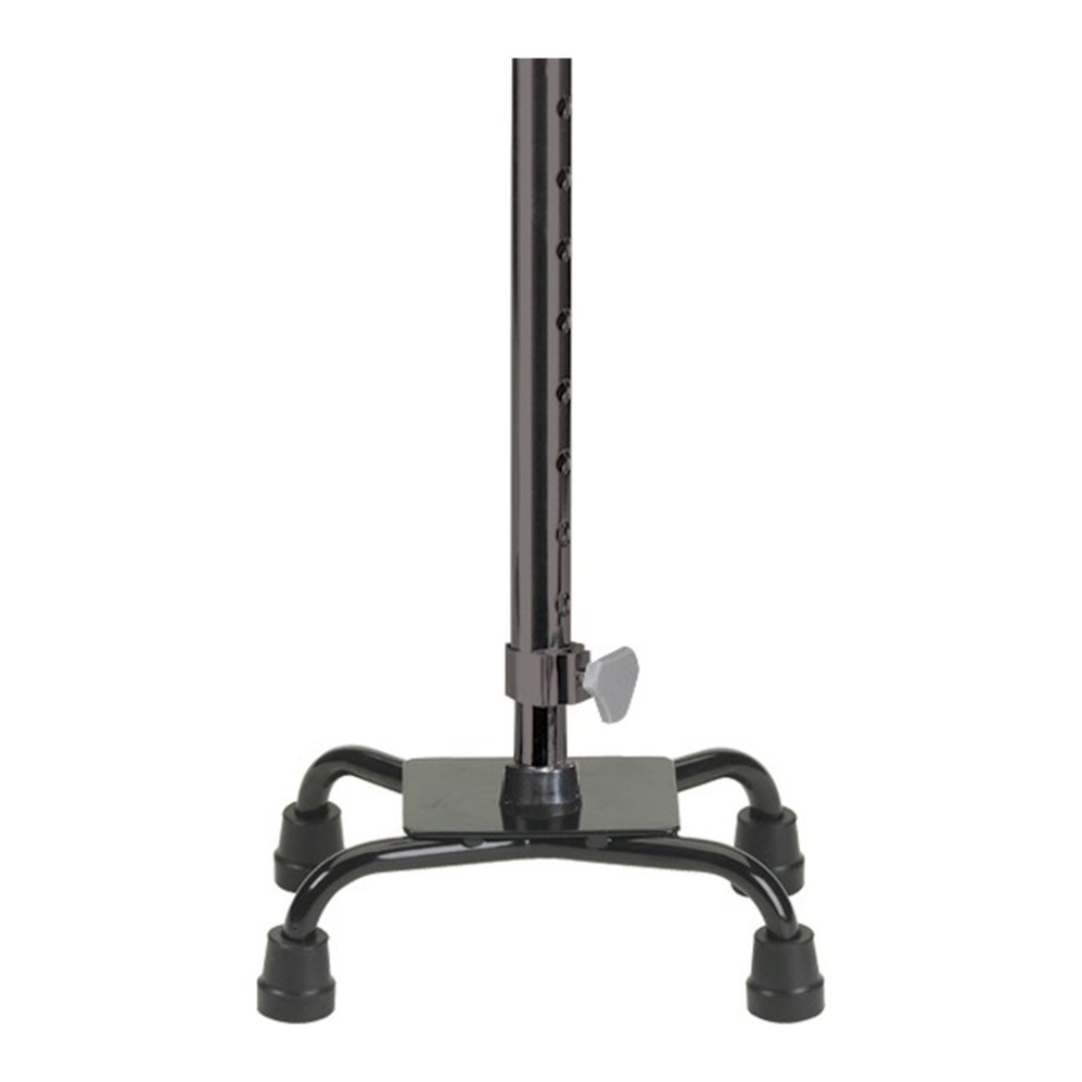 Four-point base, rubber tips and height lock on the black quad cane