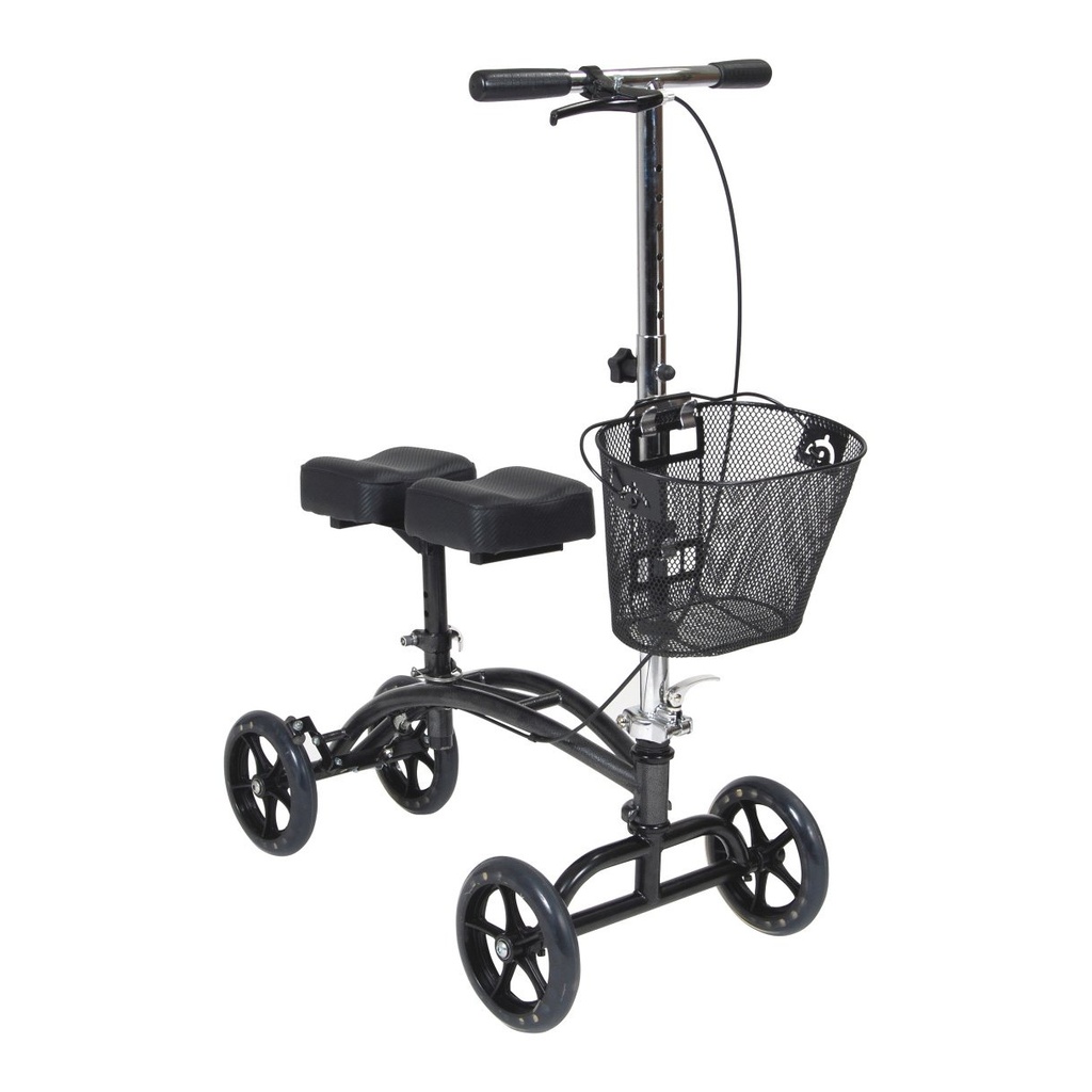 Three-quarter view of the silver knee walker with basket and split pad