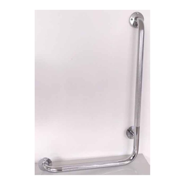 The knurled chrome L bar fastened to a bathroom wall at its three flanges