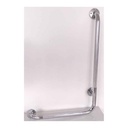 The knurled chrome L bar fastened to a bathroom wall at its three flanges
