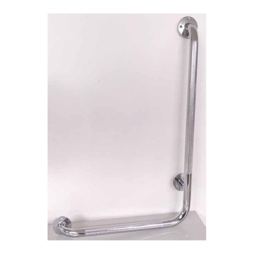 The knurled chrome L bar fastened to a bathroom wall at its three flanges