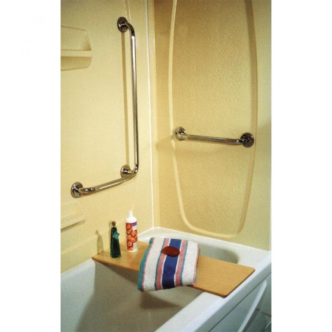 L-shaped grab bar fitted in a tub corner beside a wooden bath board
