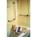 L-shaped grab bar fitted in a tub corner beside a wooden bath board