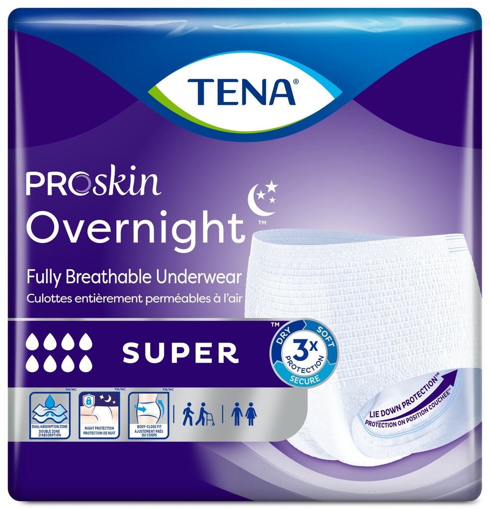 Front of the bilingual TENA ProSkin Overnight SUPER bag, showing the SUPER absorbency level