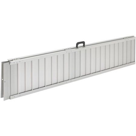 Single-fold aluminium ramp folded in half and stood on its edge with the handle
