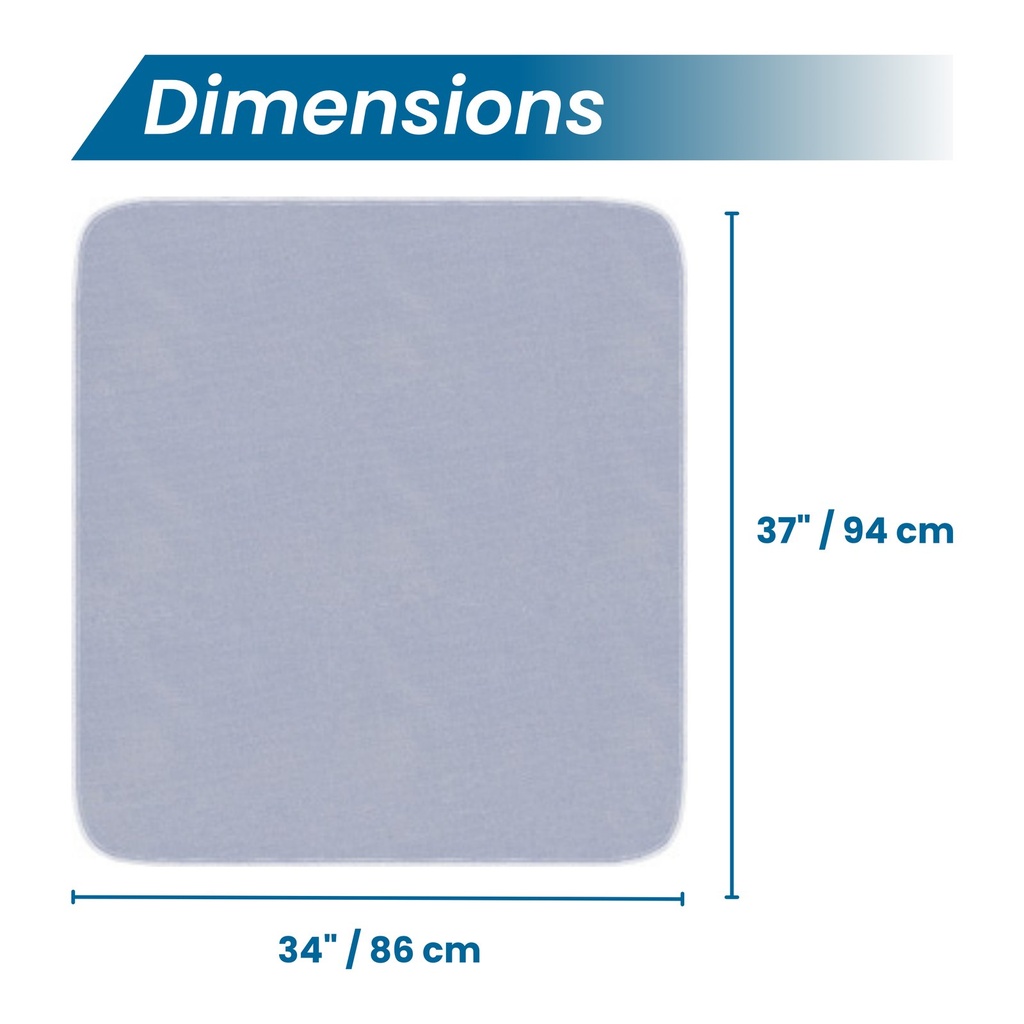 BIOS Living reusable underpad dimensions drawing, 34 in by 37 in (86 cm by 94 cm)