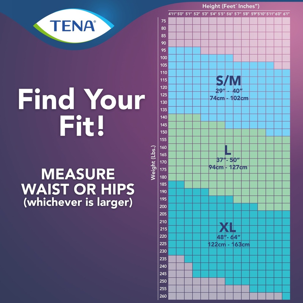 TENA size chart for Super Plus underwear showing the waist range of each size