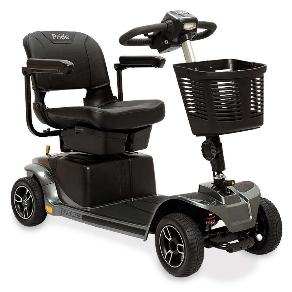Revo 2.0 in Grey Street, front three-quarter view, shown with Pride's optional under-seat storage bins