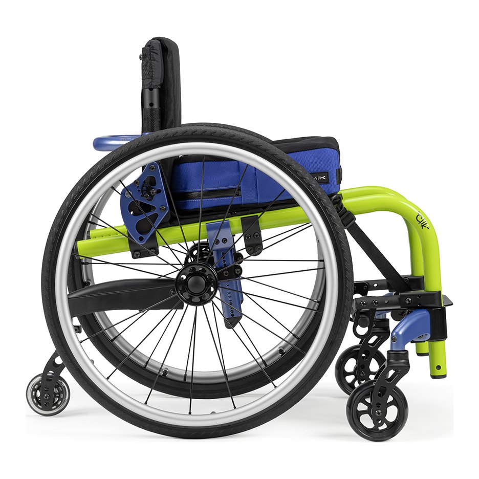 Little Wave Clik paediatric wheelchair from the side, showing its seating and spoked rear wheel