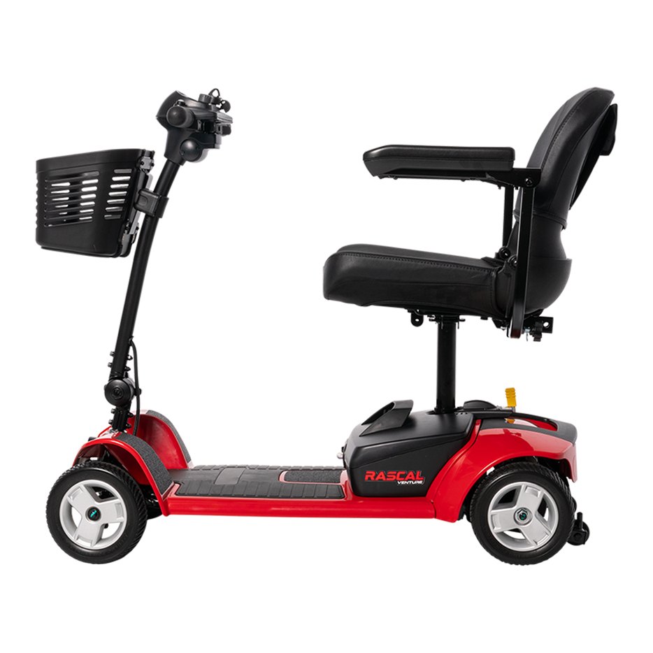 Venture RSC49 four wheel travel scooter side view with the basket forward