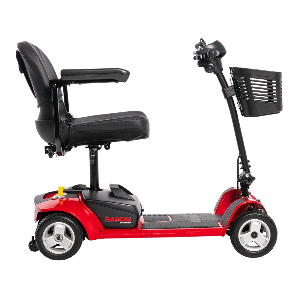Venture RSC49 four wheel travel scooter from the other side, red deck