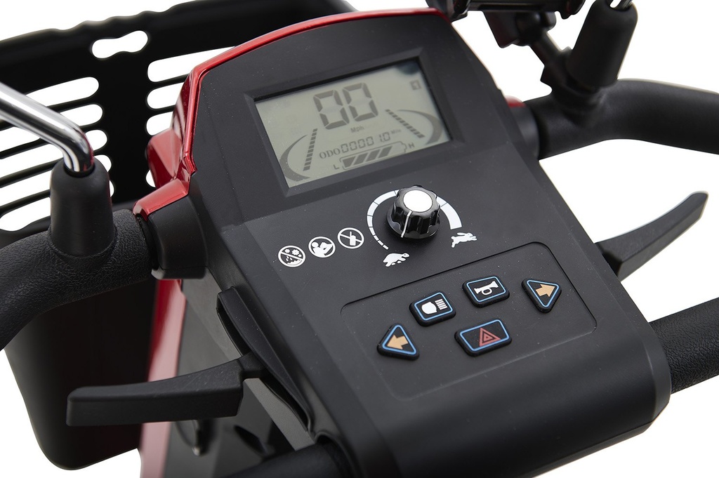 LCD console on the Eagle tiller, showing the speed, odometer and battery bars