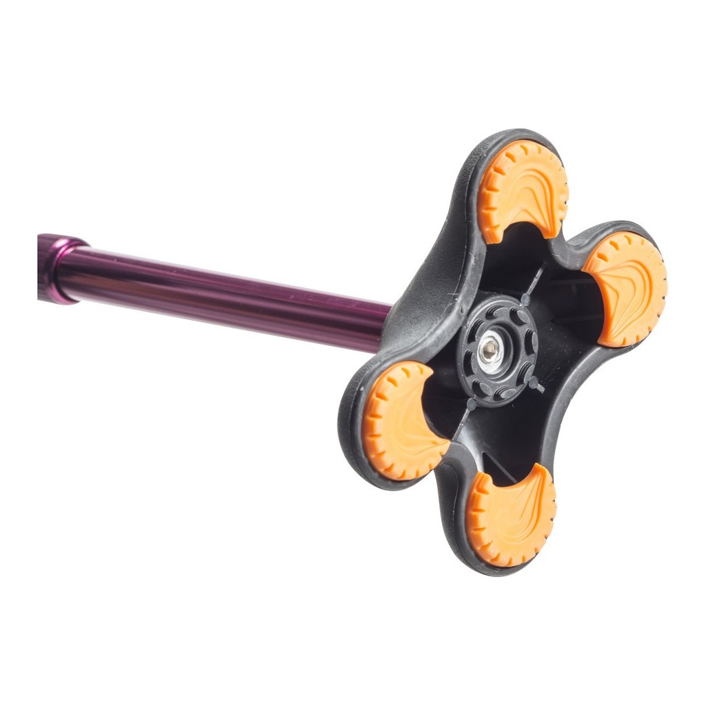 Underside of the MiniQuad cane base showing four orange grip pads and the metal fitting that lets it swivel