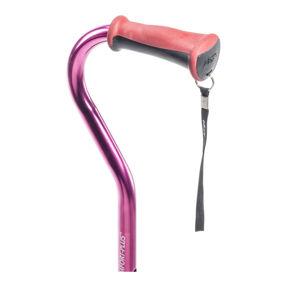 Close-up of the Airgo cane handle with its soft grip, push button and hanging wrist strap