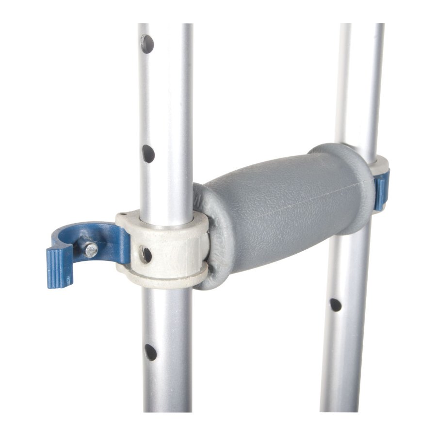 Close view of the universal crutch's grey hand grip and the Euro-style clip and pushpin on the aluminium shaft