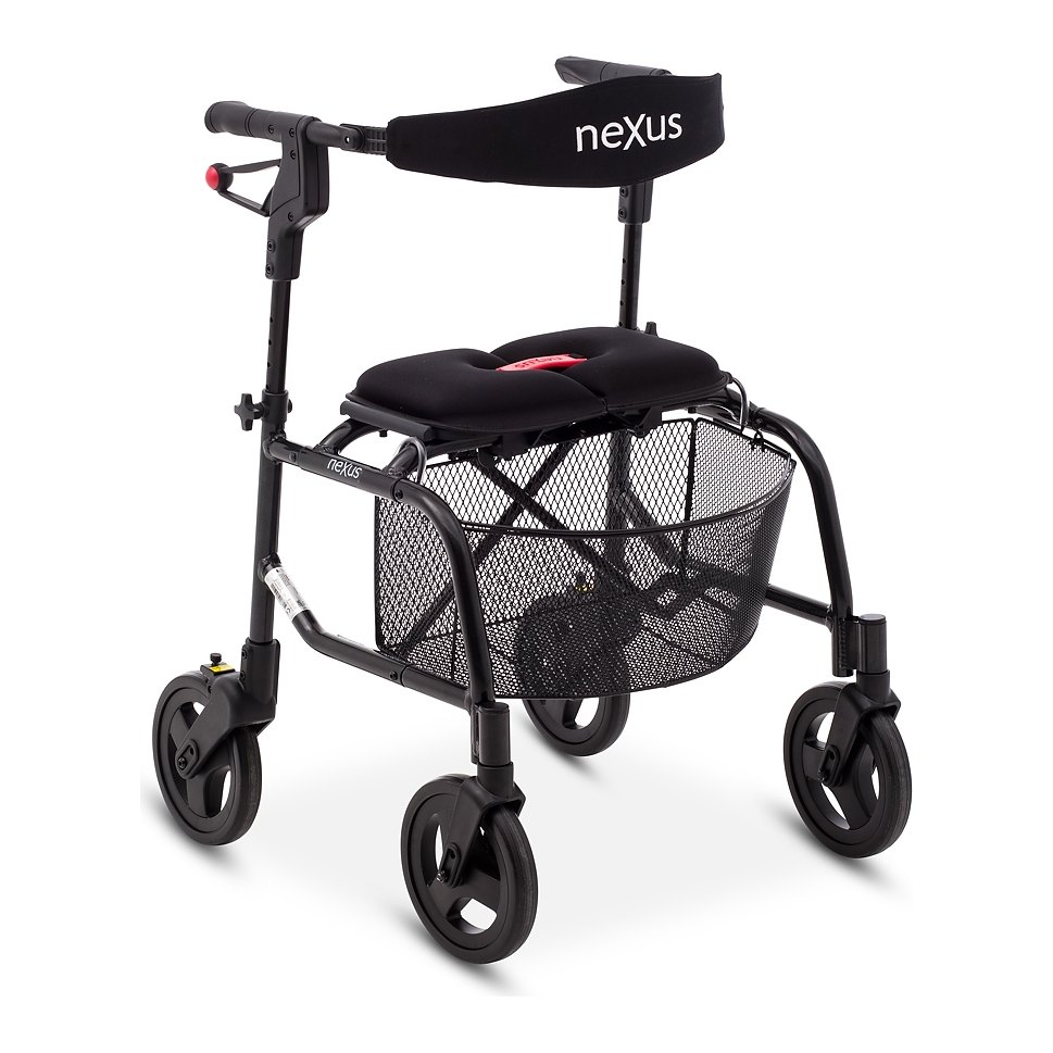 Black wire basket hung under the seat of a black neXus rollator