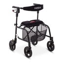 Black wire basket hung under the seat of a black neXus rollator
