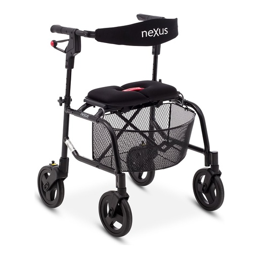 Black wire basket hung under the seat of a black neXus rollator