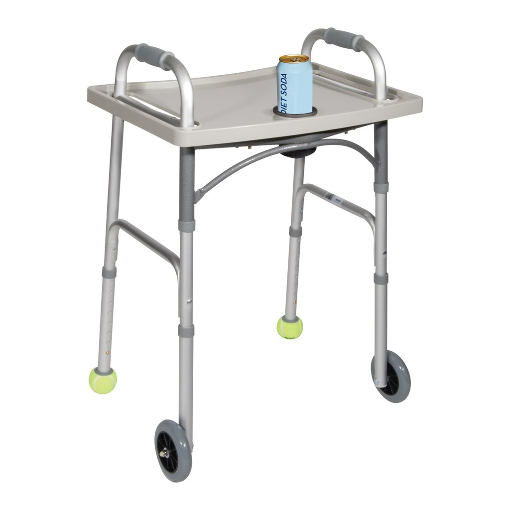 Plastic tray fitted across a silver folding walker, one cup in the middle