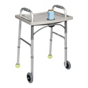 Plastic tray fitted across a silver folding walker, one cup in the middle