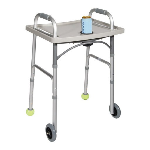 Plastic tray fitted across a silver folding walker, one cup in the middle