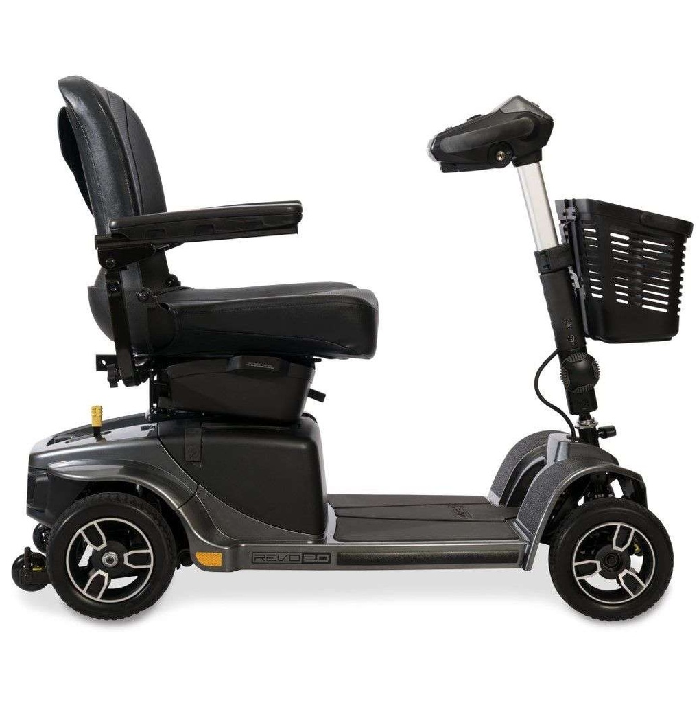 Side profile of the Grey Street Revo 2.0: delta tiller, front basket, 9 inch tires and long footboard