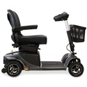 Side profile of the Grey Street Revo 2.0: delta tiller, front basket, 9 inch tires and long footboard