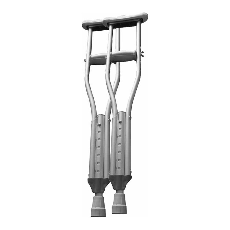 A pair of silver aluminum underarm crutches with dark pads, hand grips and grey tips