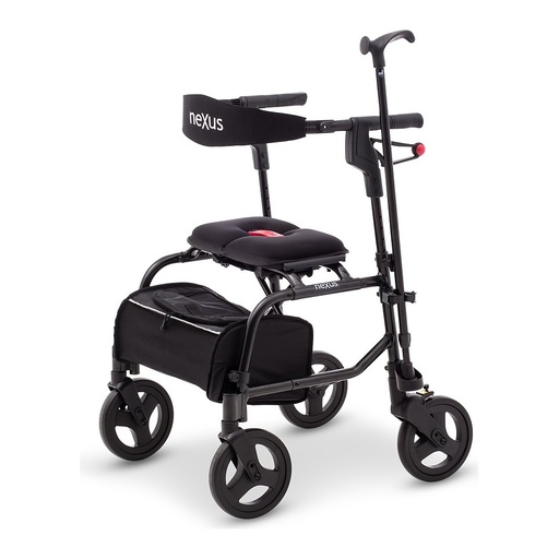 A cane standing in the cane and umbrella holder on a black neXus rollator