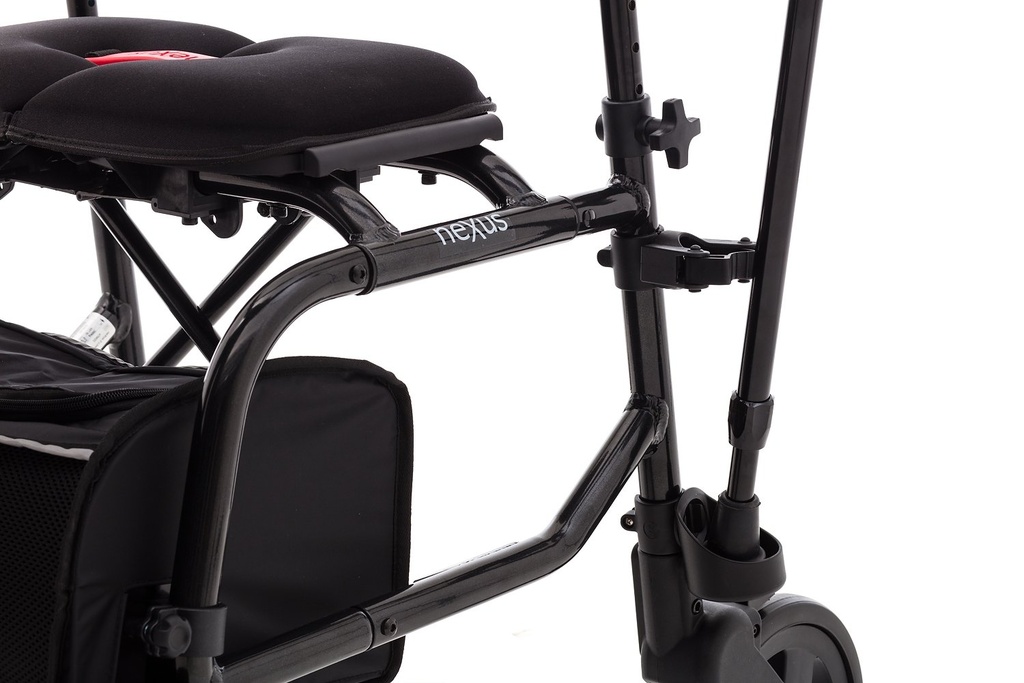 The holder clamp bolted to the frame tube of a black neXus rollator