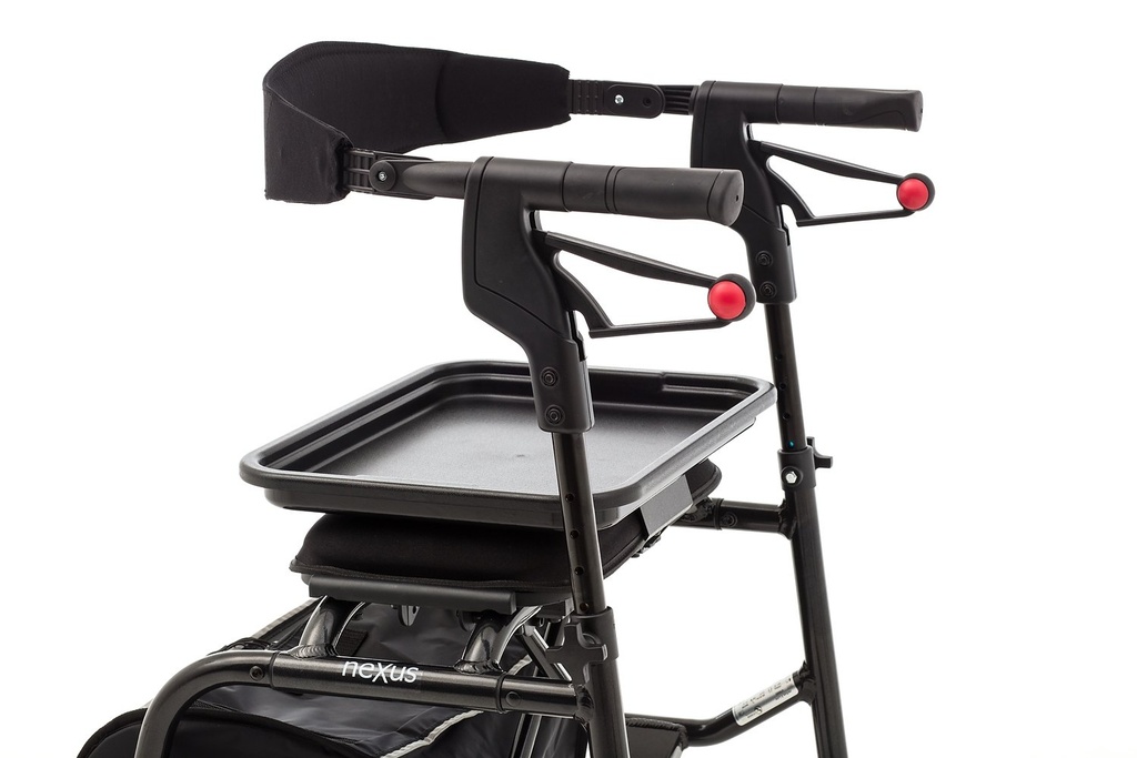 The neXus tray fitted over the seat of a neXus rollator