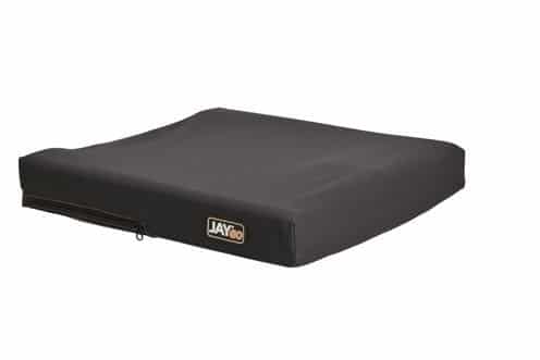 Finished JAY GO cushion in its black cover, with the maker's badge on the front corner