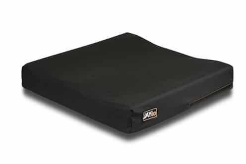 Finished GO cushion seen from the rear corner, black cover zipped over the base
