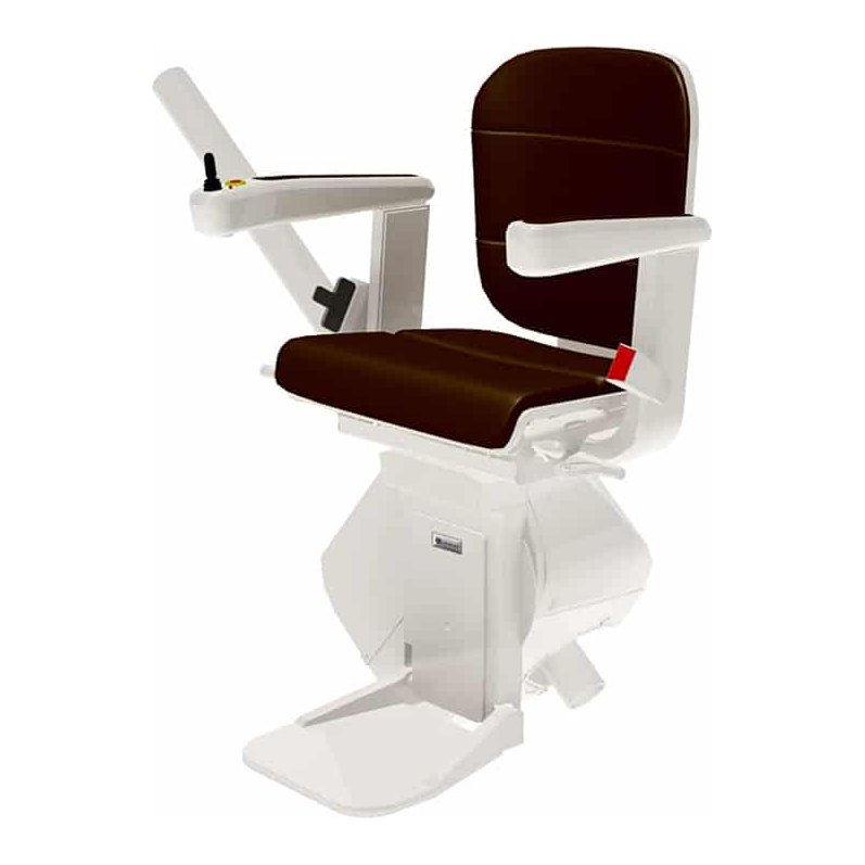 Freecurve stairlift chair with a brown seat and white chassis on a white ground